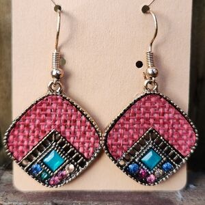 Elegant Woven Look Earrings with Pink and Green Accents